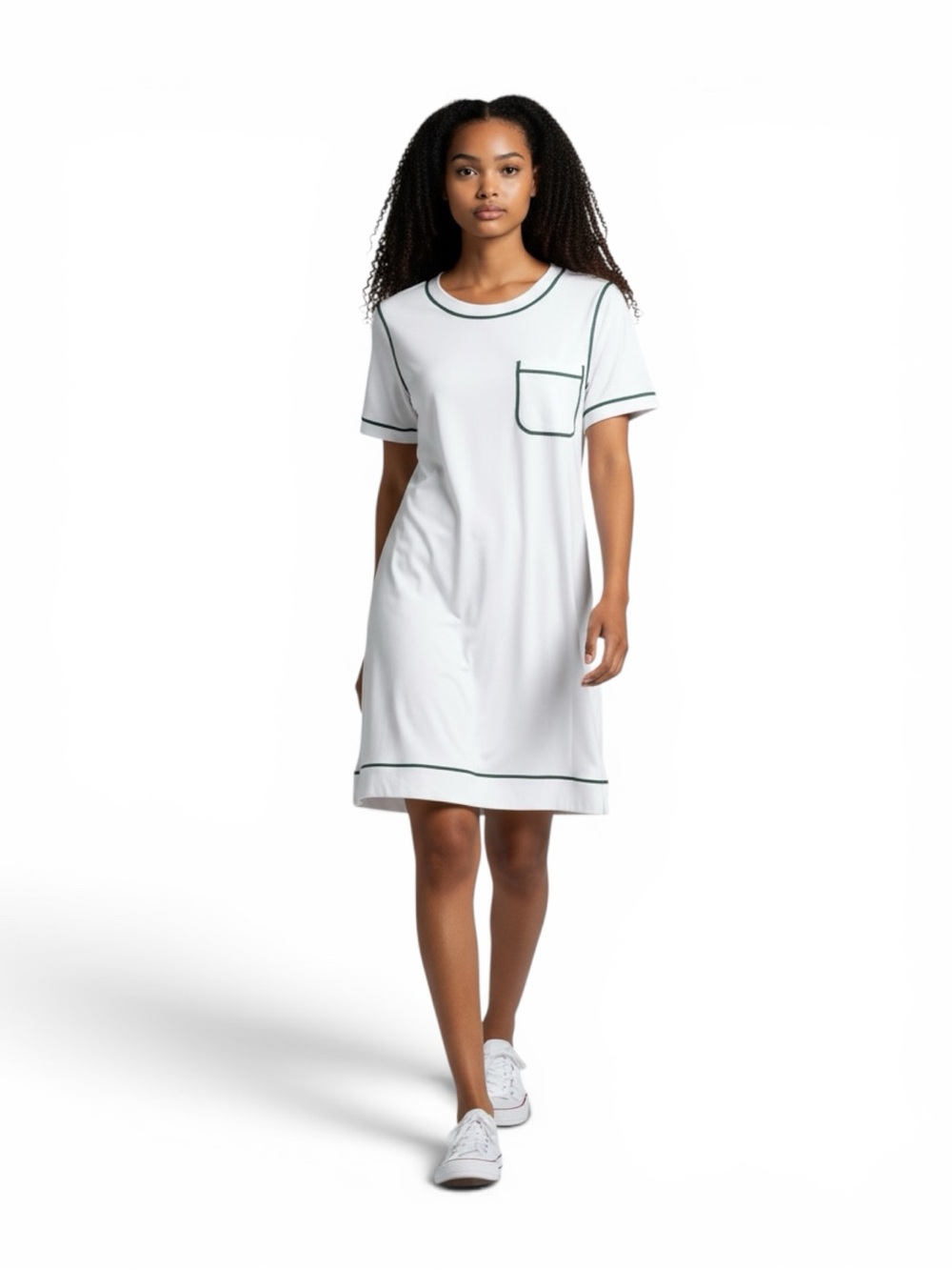 Tuckernuck White Jersey T Shirt Dress XS Green Contrast Trim Preppy Pocket Shift